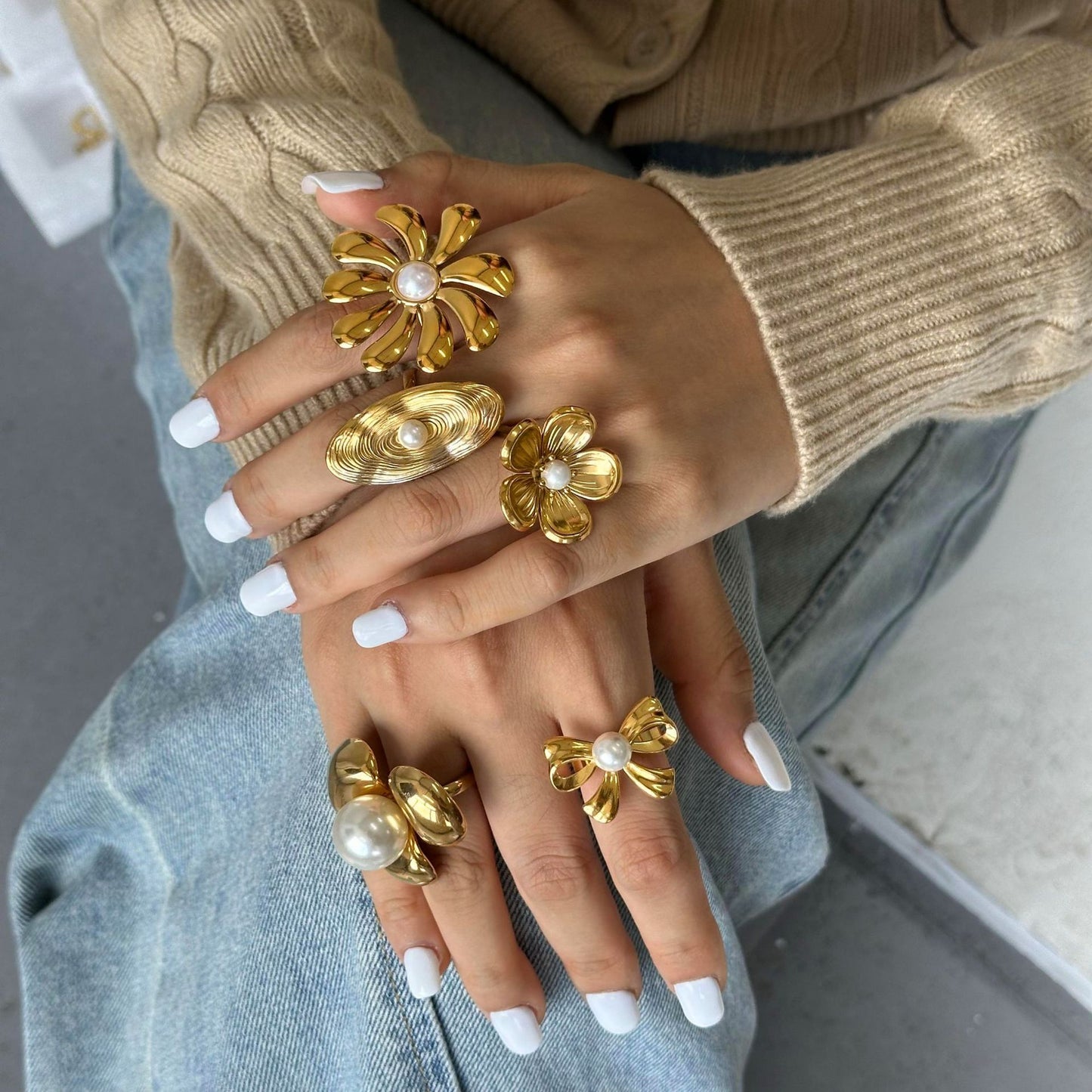 Stainless Steel Flower Pearl Ring Exaggerated High-End Ins Style Titanium Steel Rings Jewelry