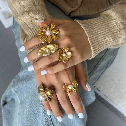 Stainless Steel Flower Pearl Ring Exaggerated High-End Ins Style Titanium Steel Rings Jewelry