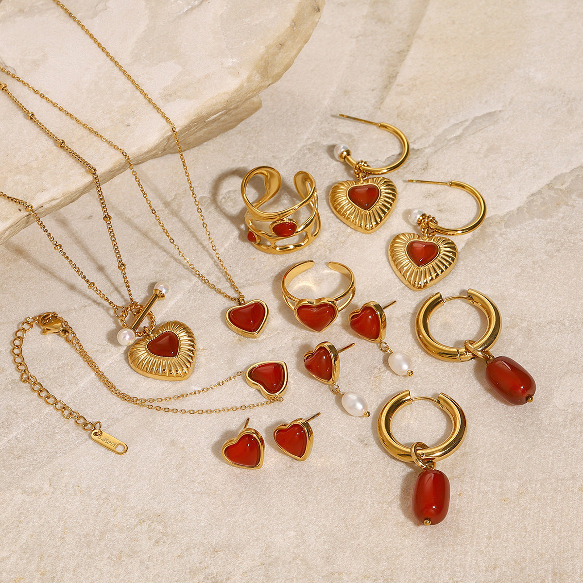 18k Gold Stainless Steel Red Agate Heart Necklace High-end Pendant Earrings Niche Ins Style Ring