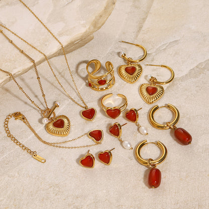 18k Gold Stainless Steel Red Agate Heart Necklace High-end Pendant Earrings Niche Ins Style Ring