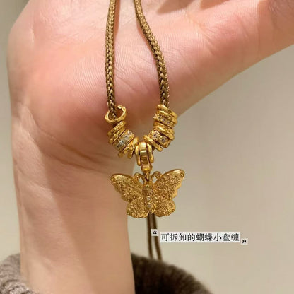 Pure Silver S925 Ancient Gold Butterfly Coiled Brown Rope Necklace Retro New Chinese Style Light Luxury Exquisite Handmade Braided Necklace