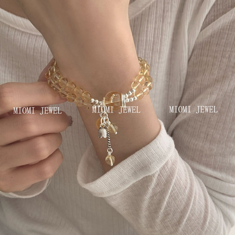 S925 Sterling Silver Yellow Crystal Double Circle Bracelet for Women New Chinese Style National Style Lily of the Valley Pendant Bracelet Gift for Girlfriend