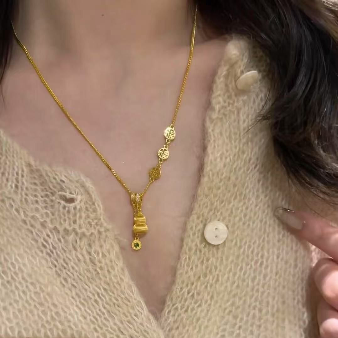 Pure Silver S925 Brushed Craft Fulu Gourd Tassel Necklace New Chinese Style Personality High-Value Fu Pendant Sweater Chain