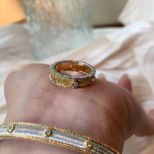 Italian Vintage Brushed Light Luxury High-End 925 Sterling Silver Brushed Textured Color-Block Home Style Ring