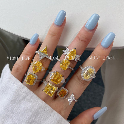 Cross-Border Hot S925 Sterling Silver Yellow Diamond Ring Female Noble Super Flash Ice Flower Cut High Carbon Diamond 8A Zircon Ring