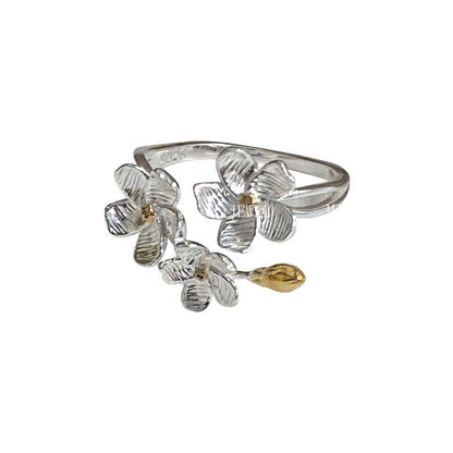 S925 Sterling Silver French Retro Palace Style Three-Dimensional Flower Iris Ring Color-Block Ancient Medieval Open Ring