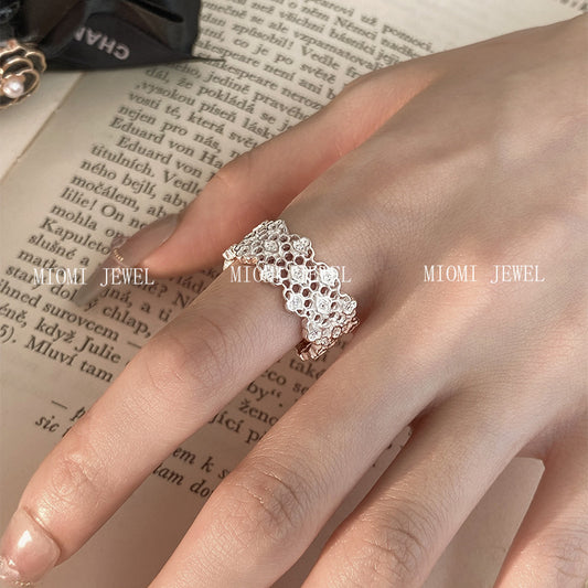 S925 Sterling Silver Irregular Hollow Diamond Ring for Women, Light Luxury, Elegant Commuting, Niche Versatile Ins Lace Ring