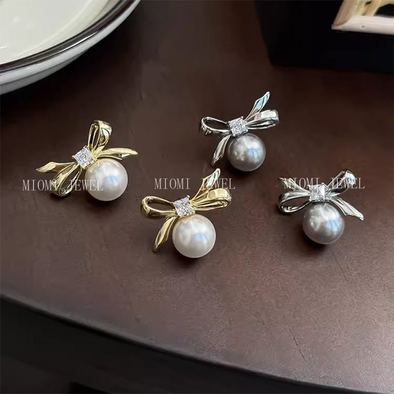 925 Sterling Silver Bowknot Square Zircon Earrings for Women Simple Sweet Girly Temperament Pearl Earrings 8646A