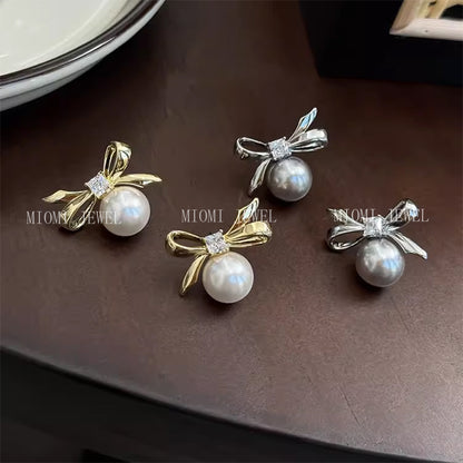 925 Sterling Silver Bowknot Square Zircon Earrings for Women Simple Sweet Girly Temperament Pearl Earrings 8646A