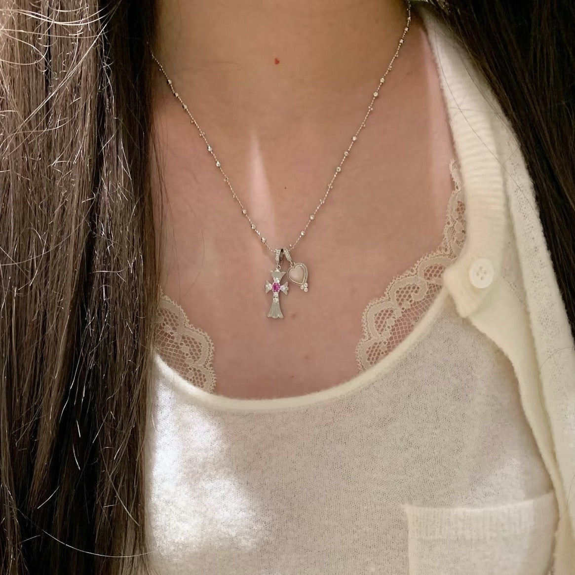 Sterling Silver S925 Brushed Craft American Retro Cross Heart Necklace Niche Design Light Luxury High-end Feel