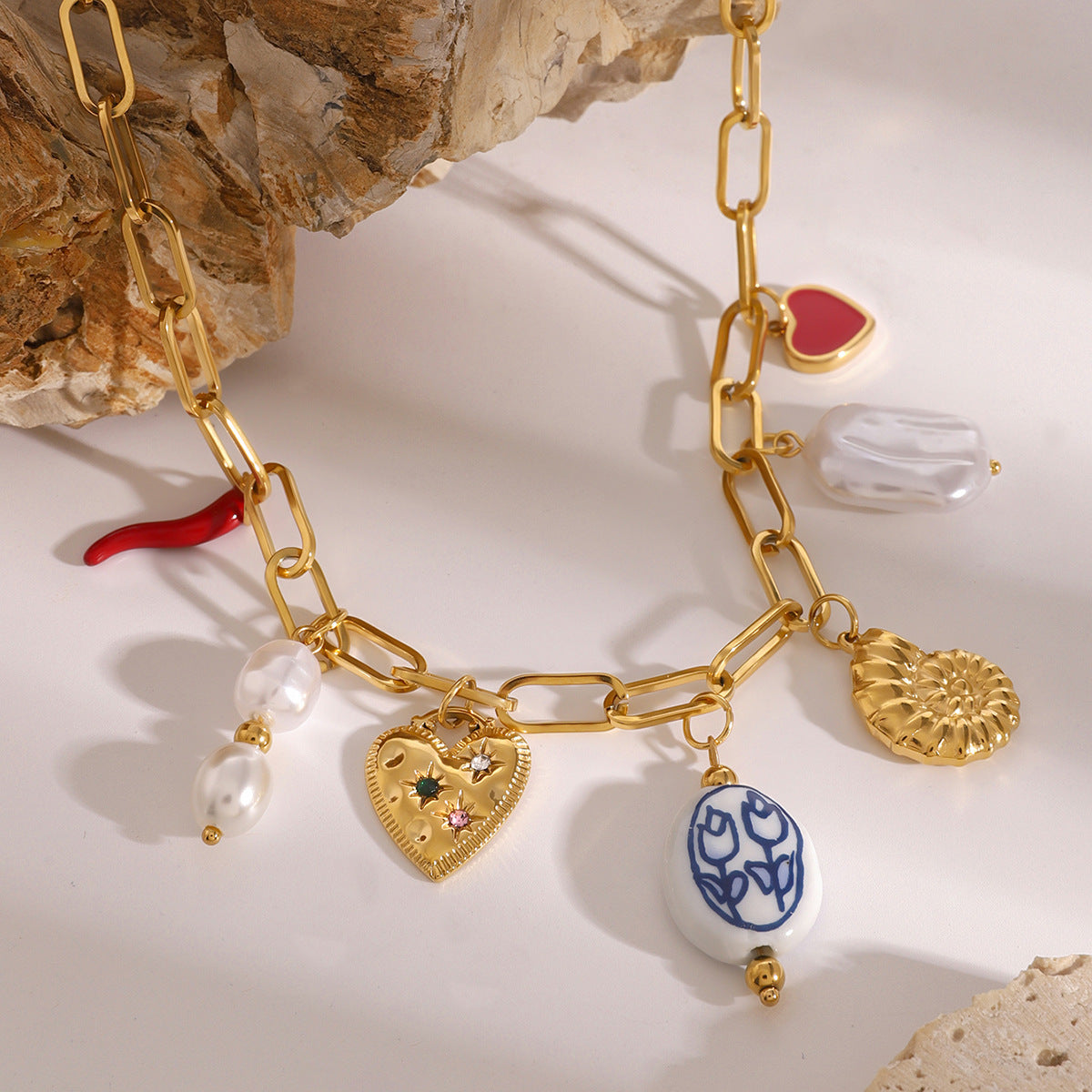 Stainless Steel Pearl Heart Conch Pendant Necklace Vacation Style Ocean Neck Jewelry Export Ins Style Accessories for Women