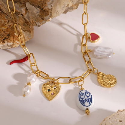 Stainless Steel Pearl Heart Conch Pendant Necklace Vacation Style Ocean Neck Jewelry Export Ins Style Accessories for Women