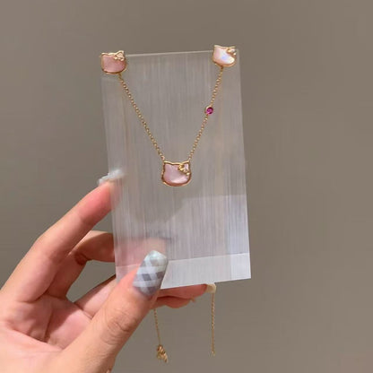 Sterling Silver S925 Natural Pink Shell Kitty Cat Necklace Earring Set Niche Simple High-end Light Luxury Fashion Versatile