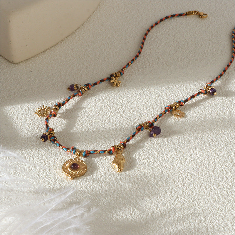 Summer Sea Style Starfish Moon Heart Pendant Colorful Dopamine Rope Braided Necklace