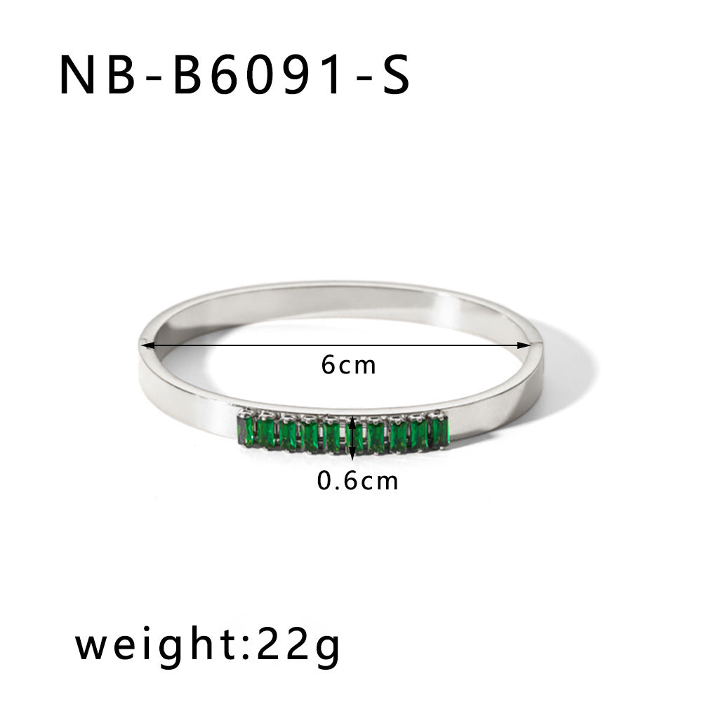 Hot-Selling Zircon Heart-Shaped Quadrilateral Geometric White Zircon Green Zircon Titanium Steel Real Gold Plated Color-Retaining Jewelry Bracelet