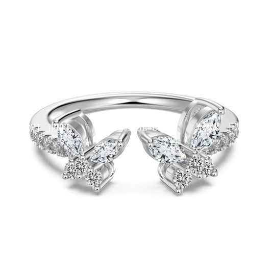 S925 White Marquise Round Zircon Inlaid Butterfly Design Open Fashion Exquisite Light Luxury Korean Style Ring