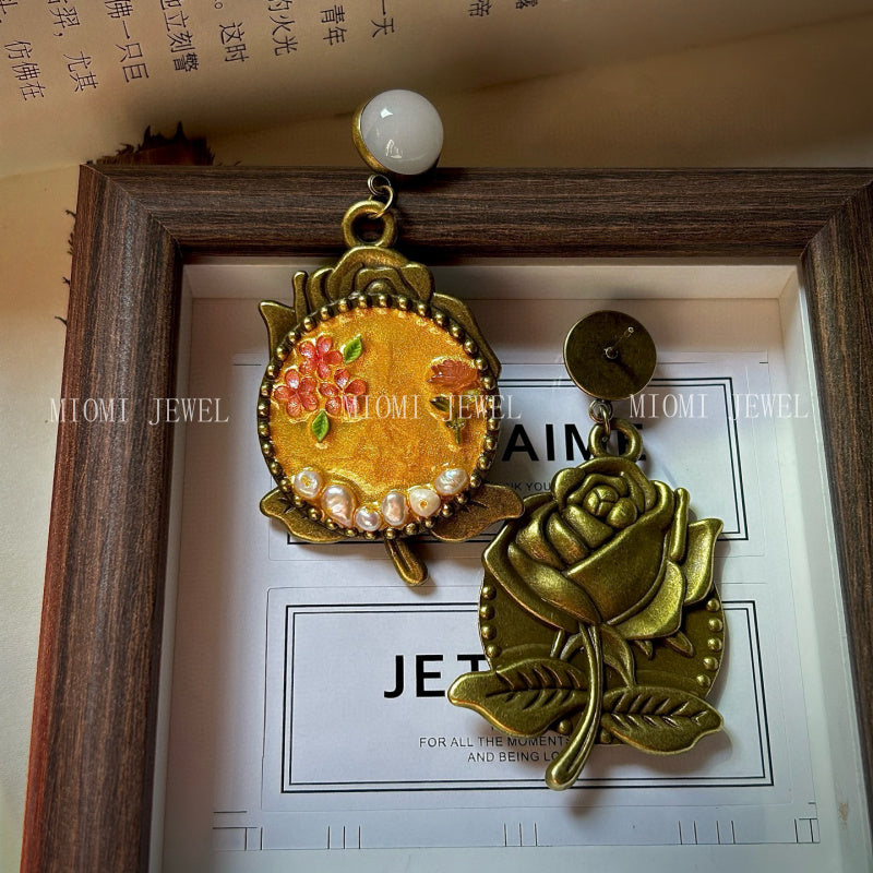 Vintage Retro Antique Jewelry Oil Painting Style Yellow Rose Exaggerated Freshwater Pearl Earrings