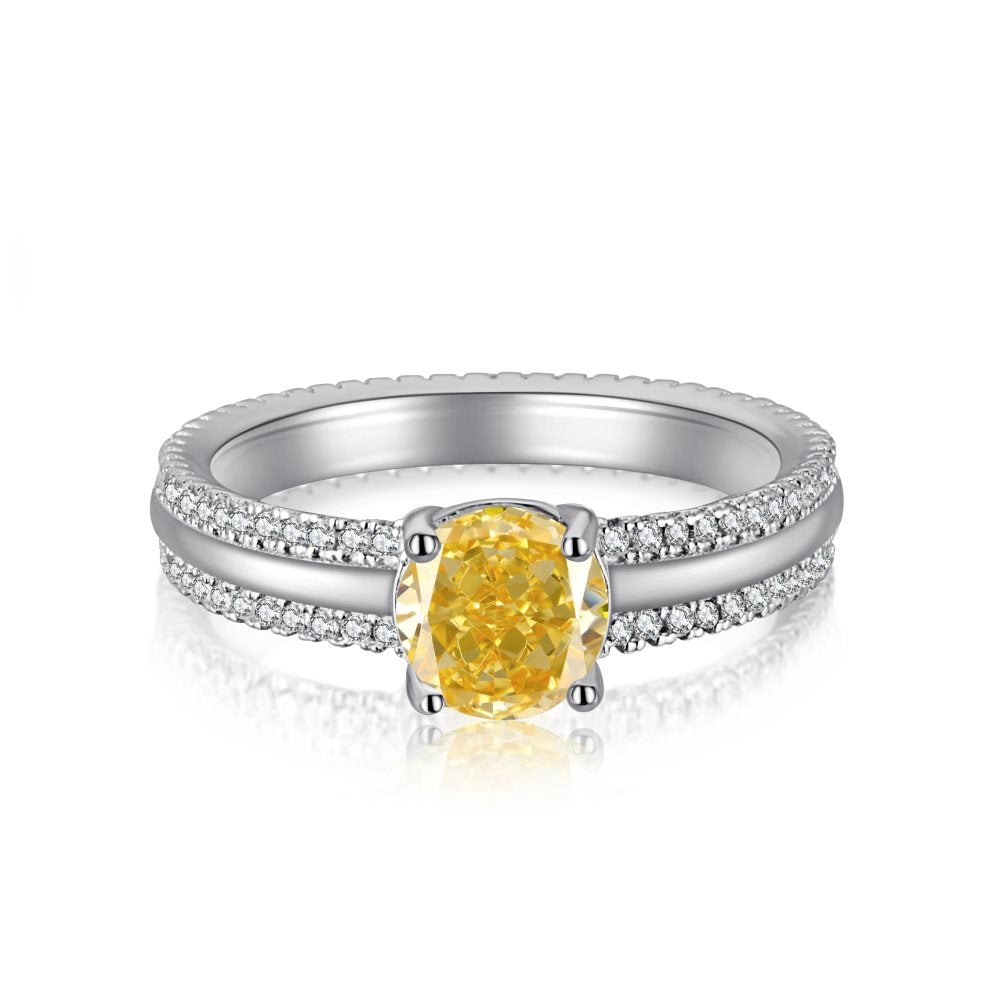 Cross-Border Hot S925 Sterling Silver Yellow Diamond Ring Female Noble Super Flash Ice Flower Cut High Carbon Diamond 8A Zircon Ring