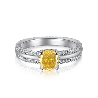 Cross-Border Hot S925 Sterling Silver Yellow Diamond Ring Female Noble Super Flash Ice Flower Cut High Carbon Diamond 8A Zircon Ring