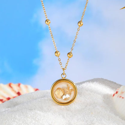 mermaid Ocean-Style Stainless Steel Bead-Separator Chain with Resin Round Pendant - Gold Beach Collarbone Chain