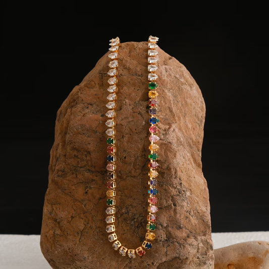 Unique Light Luxury Dopamine Jewelry Set - Women's Collarbone Chain & Bracelet with Colored Zircon Inlays