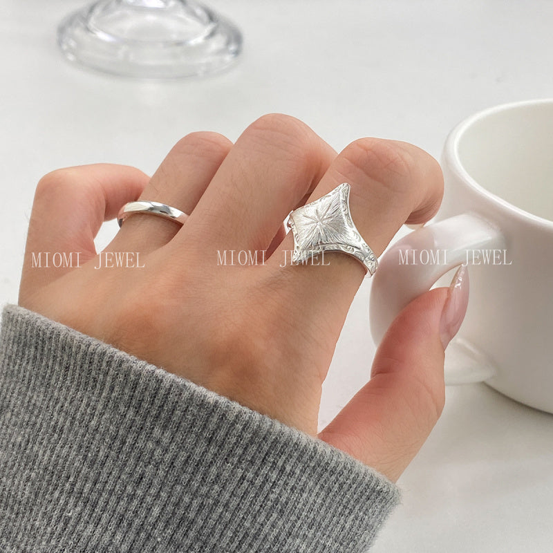S925 Sterling Silver Vintage Light Luxury Brushed Four-Pointed Star Ring Open Design Sense Hand Jewelry for Women