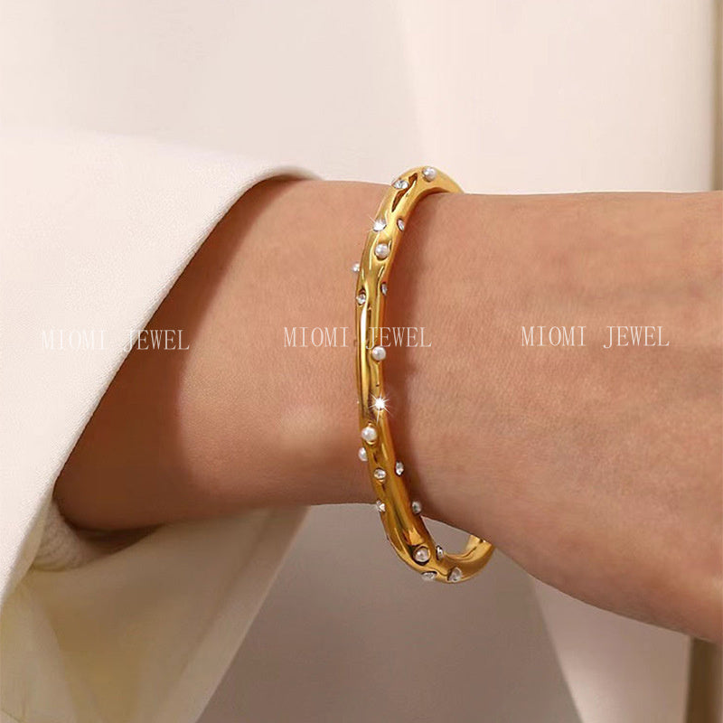 Stainless Steel Bracelet Trendy Inlaid Pearl Bracelet Women's Titanium Steel Retro Versatile Hand Jewelry