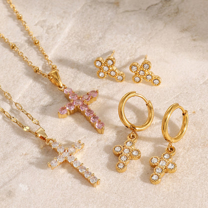 Stainless Steel Cross Pendant Necklace High-End Zircon Earrings Ins Ear Studs Ear Jewelry