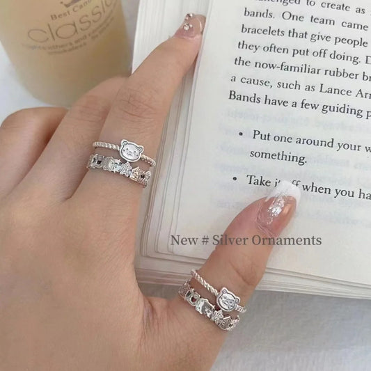 Sterling Silver S925 Bear Gingerbread Man Ring Cute Fresh Bear Creative Design Open Ring Index Finger Ring