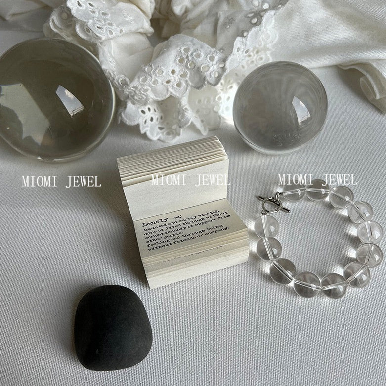 White Crystal Round Bead OT Buckle Bracelet S925 Sterling Silver Ins Niche Simple Versatile Bangle Minimalist Style High-end Feel