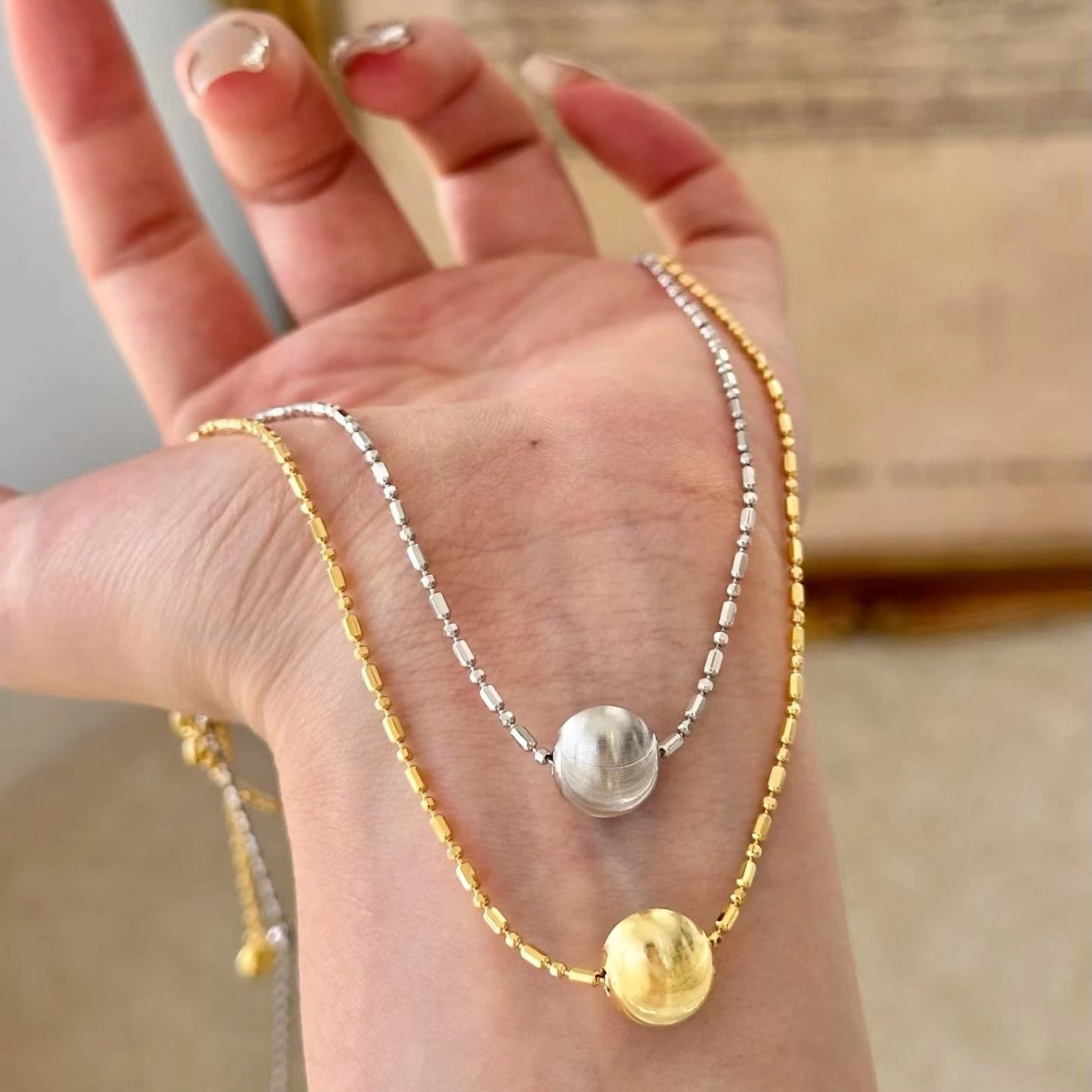 Pure Silver S925 Real Gold Plated Retractable Push-Pull Cat Eye Bead Necklace Clavicle Chain Light Luxury High-End Exquisite