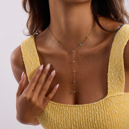 Blue Turquoise Titanium Steel Long Necklace Accessories for Women High-end Jewelry Stainless Steel Y-shaped Chain Hot Item