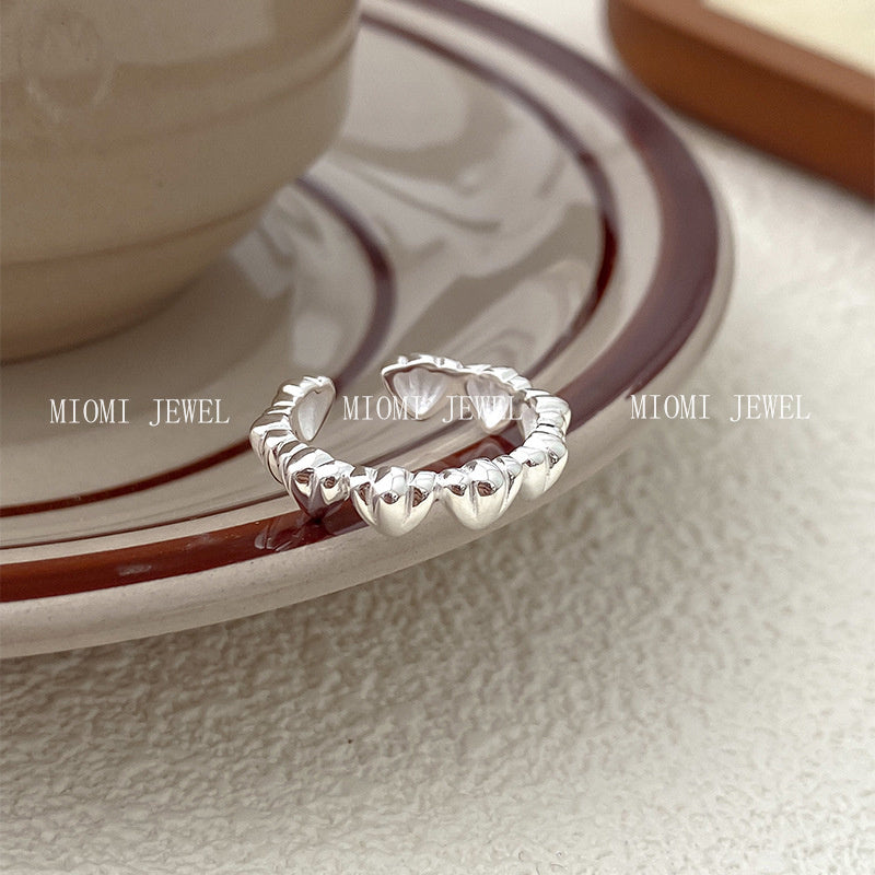 S925 Sterling Silver Three-Dimensional Heart Ring for Women Basic Versatile High-End Heavy Craft Heart-Shaped Index Finger Ring