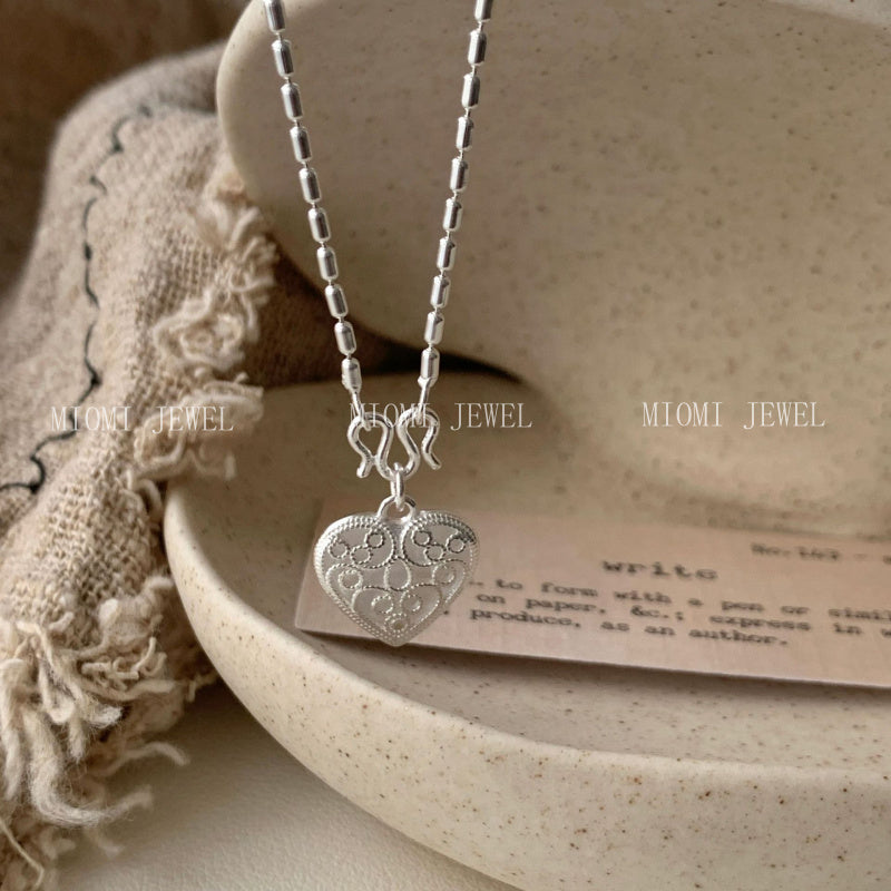 S925 Sterling Silver Lace Heart Necklace for Women Korean Retro Light Luxury Niche Design High-end Clavicle Chain