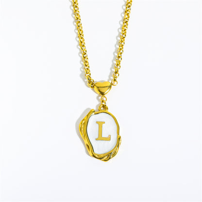 Titanium Steel 26 Letters Gold Medal Necklace Oil Drop Three-Dimensional Character Pendant Holiday Style Oyster Shell Clavicle Chain for Women