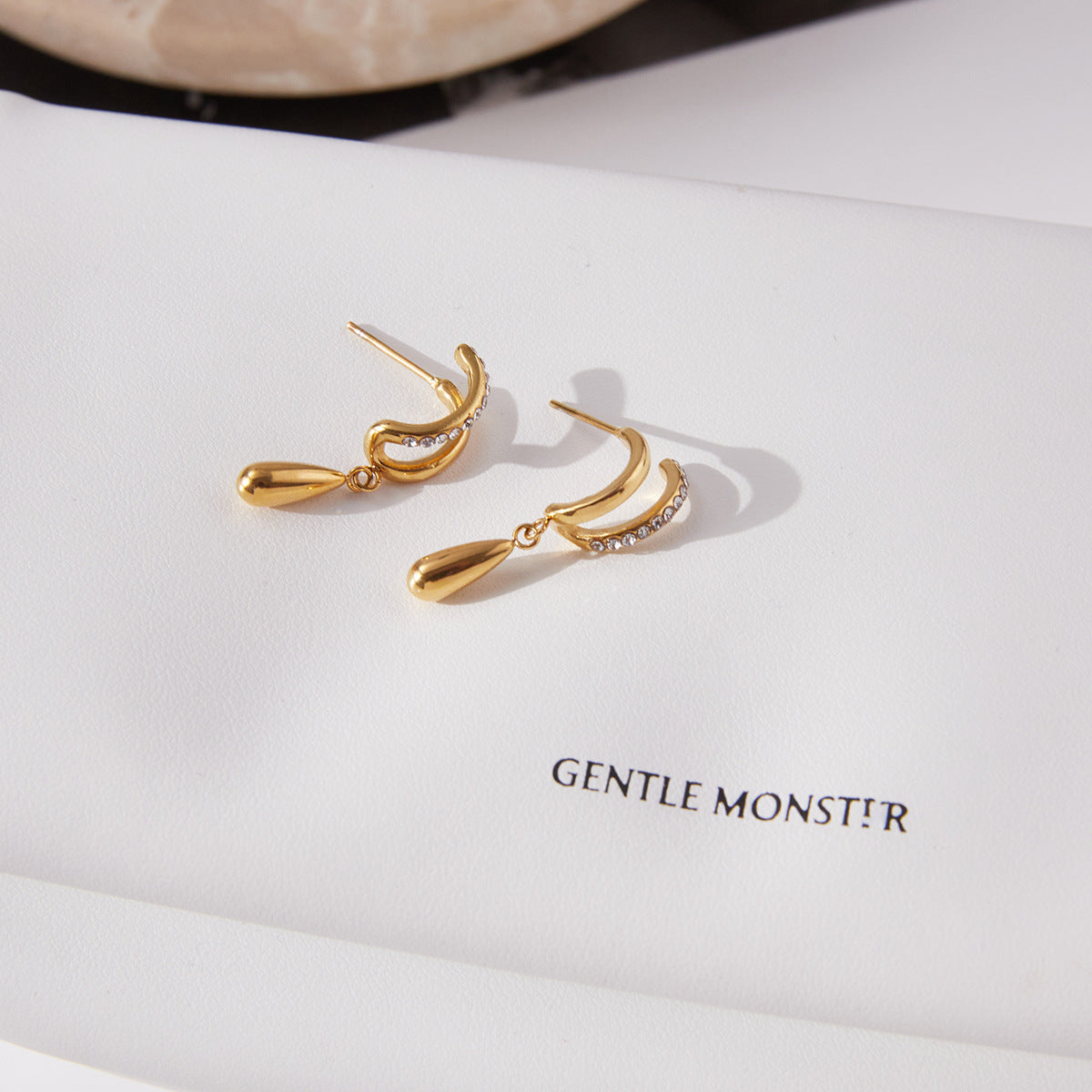 Titanium Steel Zircon Double Layer C Hoop Earrings Water Drop Pendant Stud Earrings Stainless Steel Jewelry High-end Feel