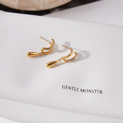 Titanium Steel Zircon Double Layer C Hoop Earrings Water Drop Pendant Stud Earrings Stainless Steel Jewelry High-end Feel