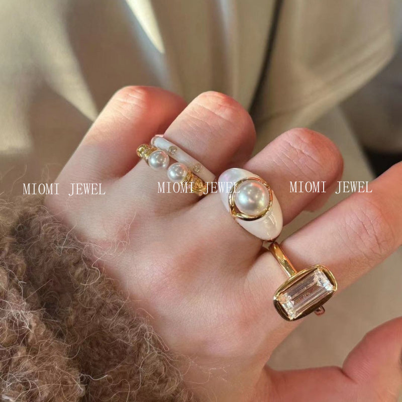 Princess Vintage Style Pearl White Shell Ring S925 Sterling Silver 18K Gold Plated Niche Jewelry