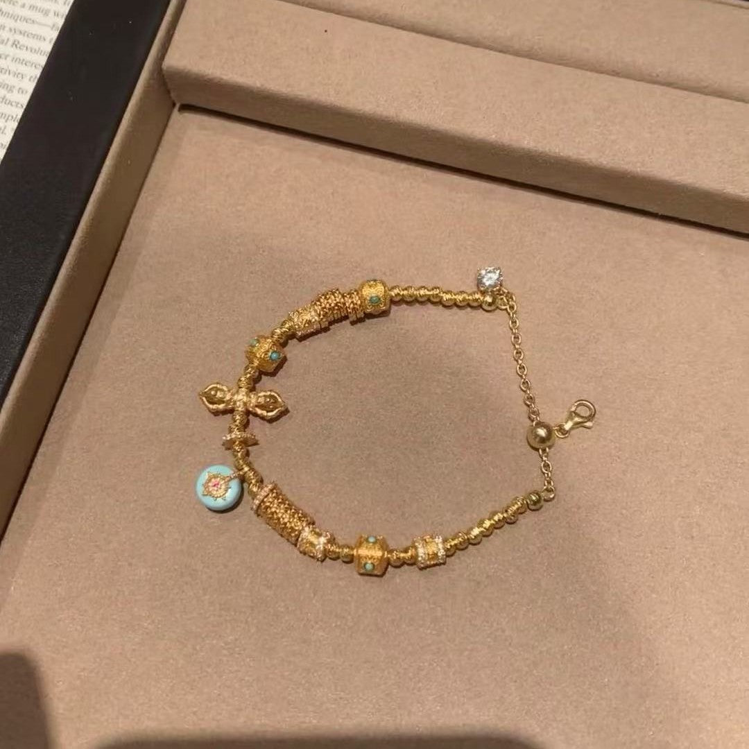 Blue Turquoise Coiled Bracelet Luxurious Ancient Method S925 Sterling Silver Plated with 18k Gold