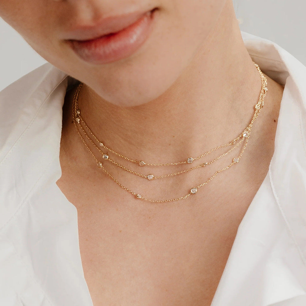 Ins Internet Celebrity Style Three-Layer Stacked Necklace for Women Fashionable Small Clear High-End Simple Multi-Layer Zircon Titanium Steel Necklace
