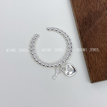 Real Shot S925 Sterling Silver Sweet Heart Key Ring for Women, Ins Niche Design, Simple Round Bead Open Index Finger Ring
