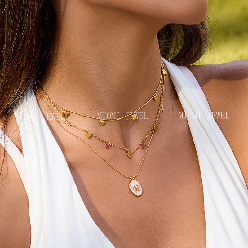 Stainless Steel 18k Gold Colorful Heart Pendant Necklace Layered Simple High-end Collarbone Chain