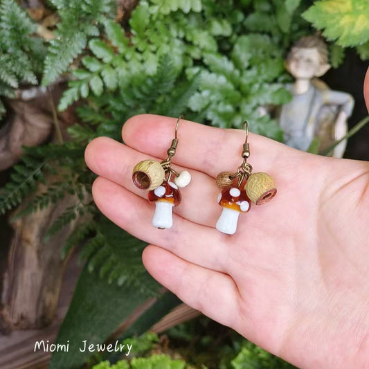 Handmade Vintage Forest-Style Fresh Minimalist Vacation Earrings - Jungle Glass Small Mushroom, Cute Lolita Dried Fruit Earrings