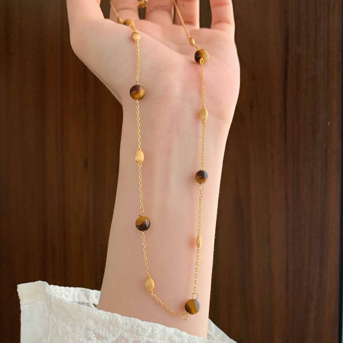 Sterling Silver S925 Brushed Craft Natural Tiger Eye Necklace New High-end Light Luxury Niche Temperament Layered Choker