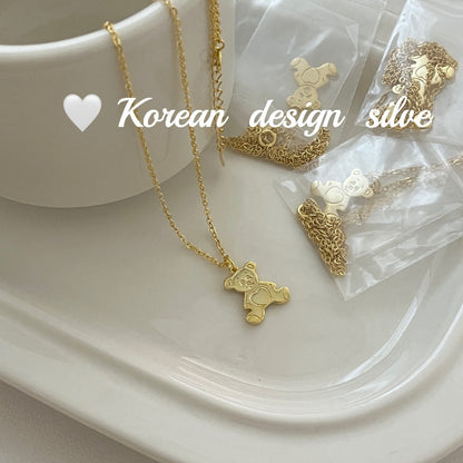 Korean Niche Design Cute Style Silver S925 Sterling Silver GoldJewelry  Bear Necklace Versatile Collarbone Chain