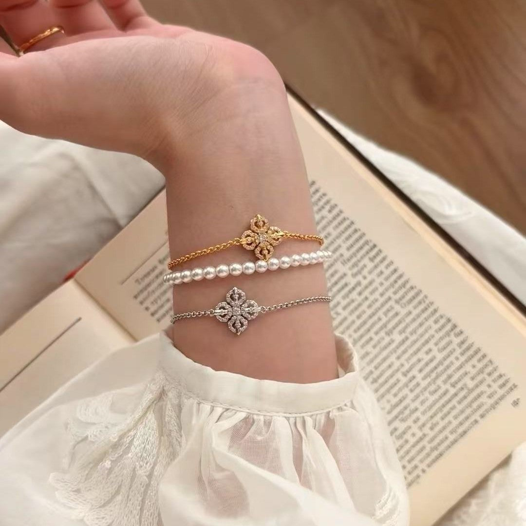 Old Money Style Cross Vajra Double-Sided Bracelet Light Luxury Full Diamond Light Luxury Hollow Small Flower Hand Jewelry Design Sense