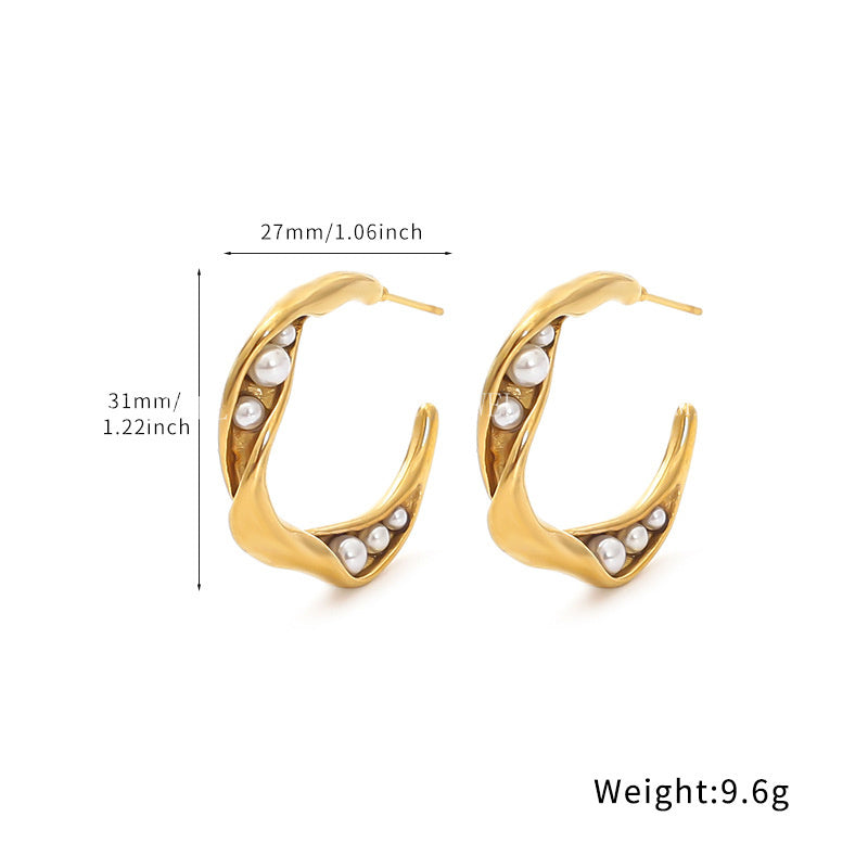 18k Gold Inlaid Pearl Circle Earrings Light Luxury High-end Feel Non-fading Titanium Steel Water Drop C-shaped Ear Jewelry