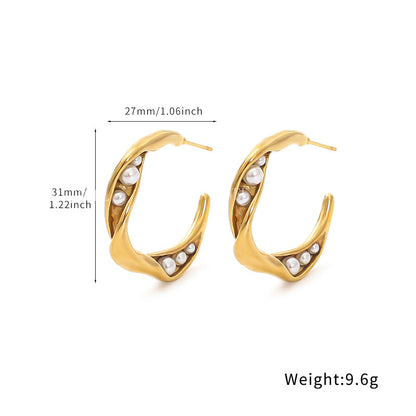 18k Gold Inlaid Pearl Circle Earrings Light Luxury High-end Feel Non-fading Titanium Steel Water Drop C-shaped Ear Jewelry