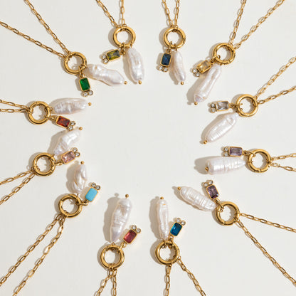 Twelve Birthstone Pearl Necklace Choker Stainless Steel Jewelry Light Luxury High-End Clavicle Chain Accessory