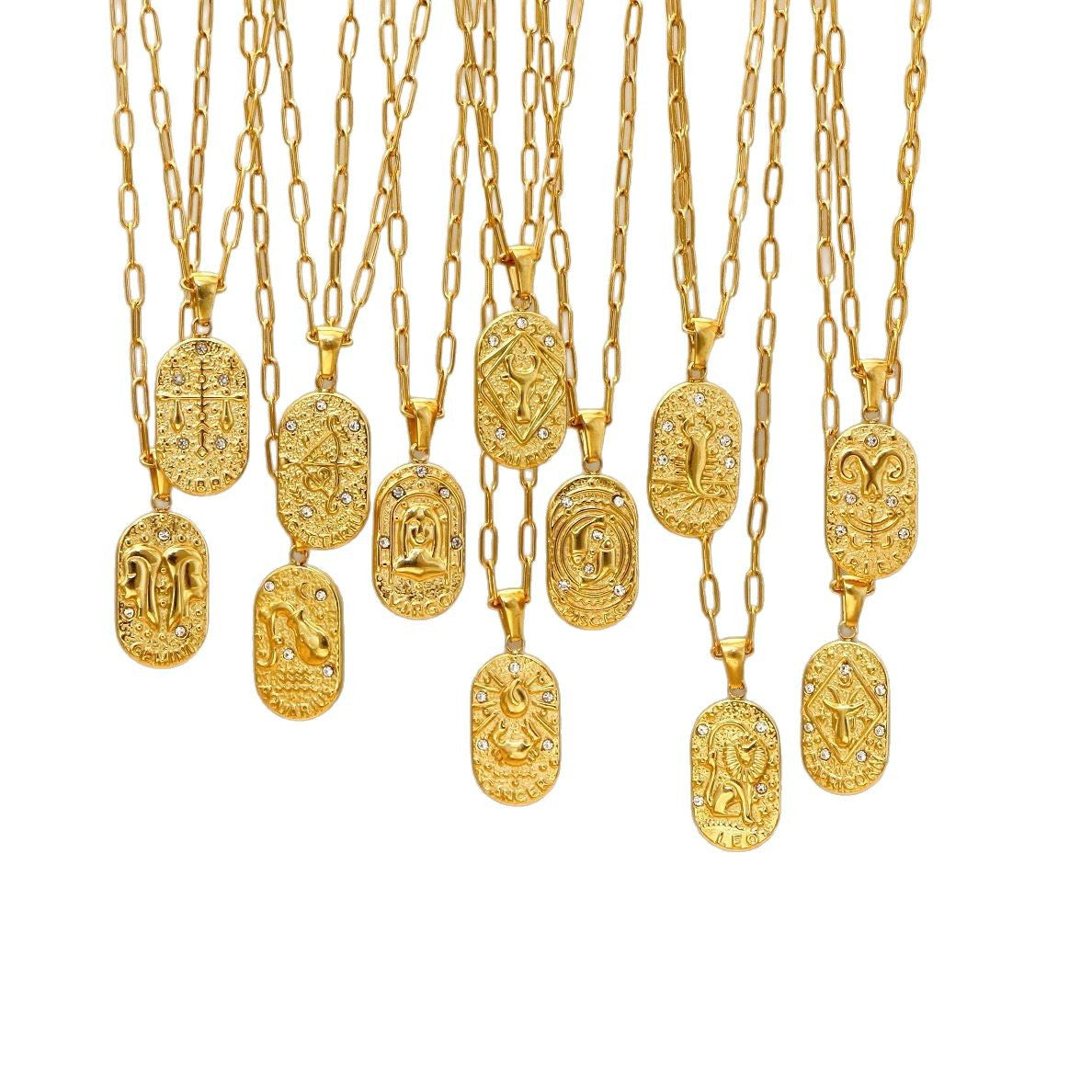 18K Gold Plated Zircon Embossed Ancient Method Pendant Zodiac Titanium Steel Necklace